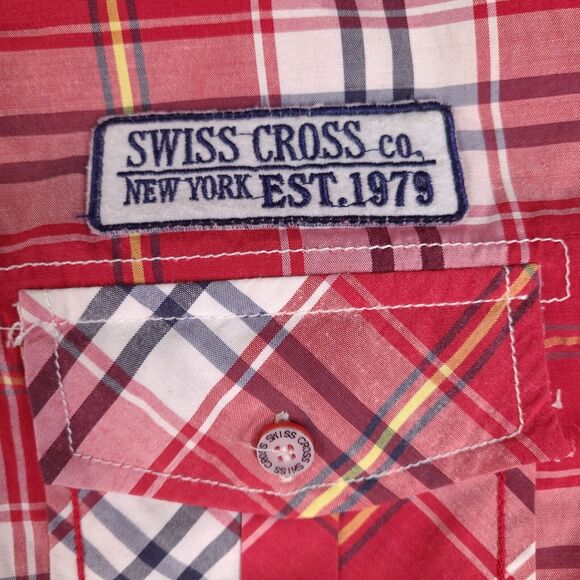 Swiss Cross Shirt Mens Medium Red Plaid Button Down New York Short Sleeve Preppy - Picture 5 of 16
